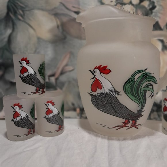 Vintage Hazel Atlas Frosted Glass Rooster Pitcher Set 🐓🍹 - Picture 4 of 11